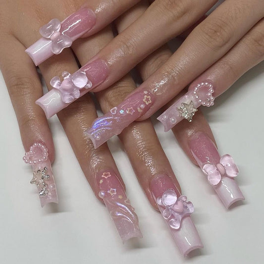 L45 PINK BOWTIE BEAR STAR LONG NAIL