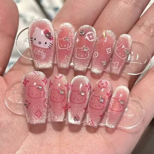 HK6 Shiny pink cute head KITTY HANDMADE NAIL