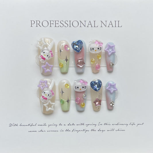 HK16 RAINBOW CUTE GEM HELLO KITTY HANDMADE NAIL