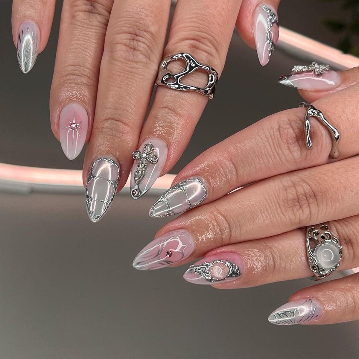 M60 Pink Galaxy Silver Cross MEDIUM NAIL