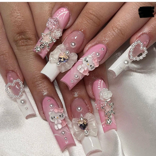 HK8 Flowers bows pearls cute KITTY HANDMADE NAIL