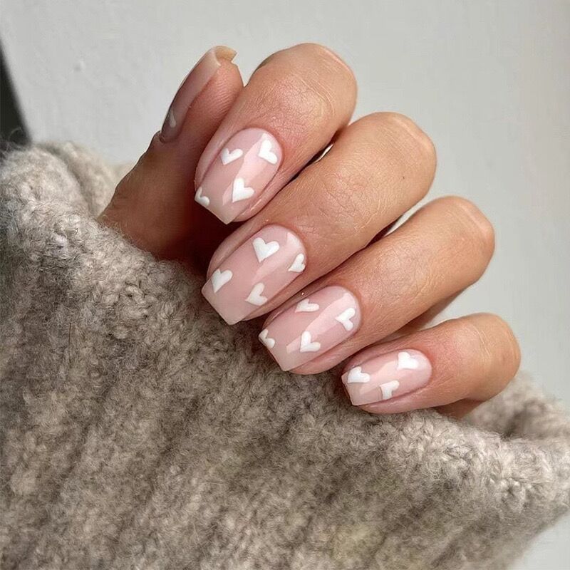 M63 Baby Pink Milk White Cloud Heart MEDIUM NAIL