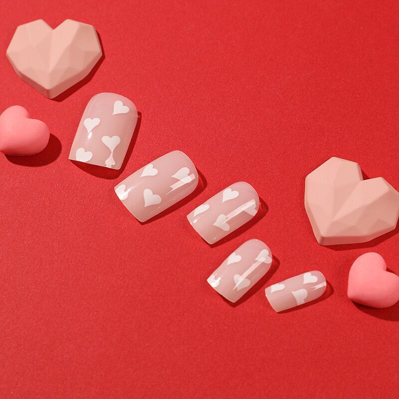 M63 Baby Pink Milk White Cloud Heart MEDIUM NAIL