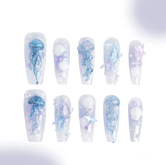 H86 Clear Ocean Summer 3D Jellyfish HANDMADE NAIL