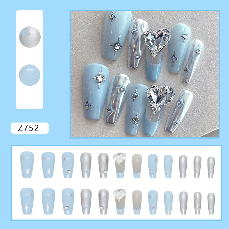 M47 Blue Stars Heart Diamond MEDIUM NAIL