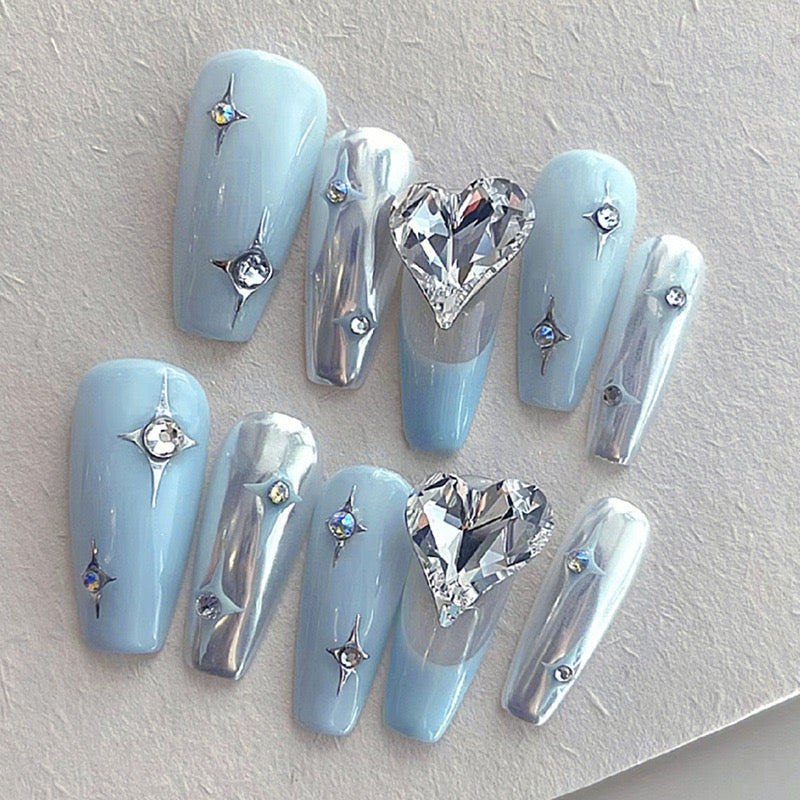 M47 Blue Stars Heart Diamond MEDIUM NAIL